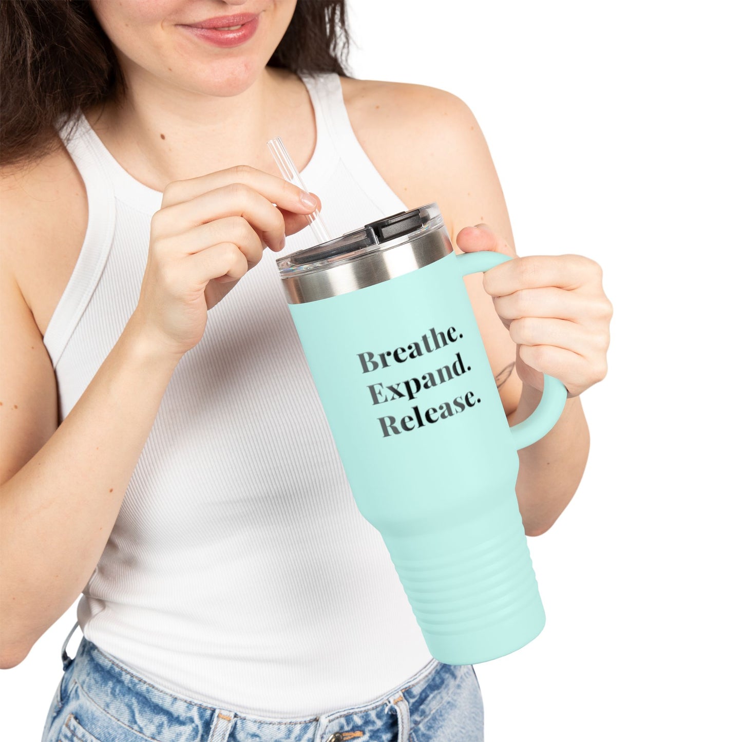 Inspirational Insulated Travel Mug - 40oz Breathe. Expand. Release.