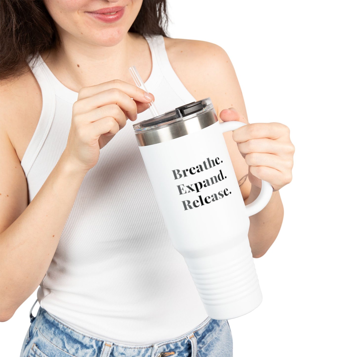 Inspirational Insulated Travel Mug - 40oz Breathe. Expand. Release.